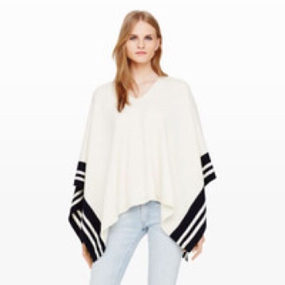 Club Monaco- Women’s Cream and Navy Stripes Ribbed Lori Cashmere Poncho Cape, OS - Picture 9 of 11